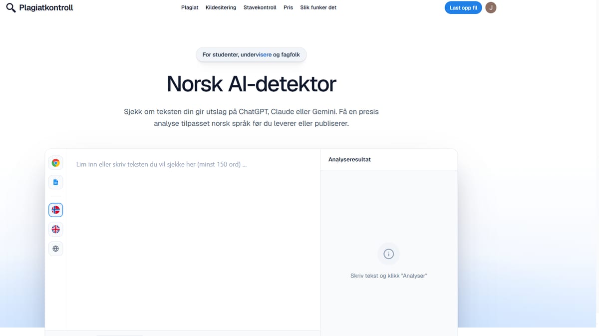 Skjermbilde av Plagiatkontrolls norske AI-detektor med et tekstfelt og en analyseknapp