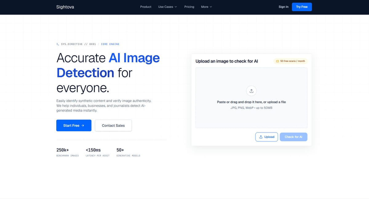 Skjermbilde av forsiden til Sightova, med overskriften Accurate AI Image Detection og et felt for aa laste opp et bilde